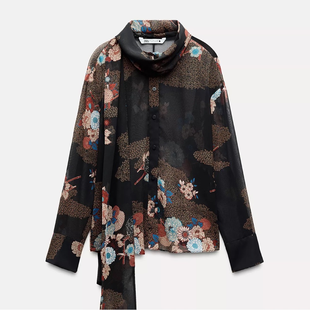 Zara Black Floral Sheer Blouse with Scarf